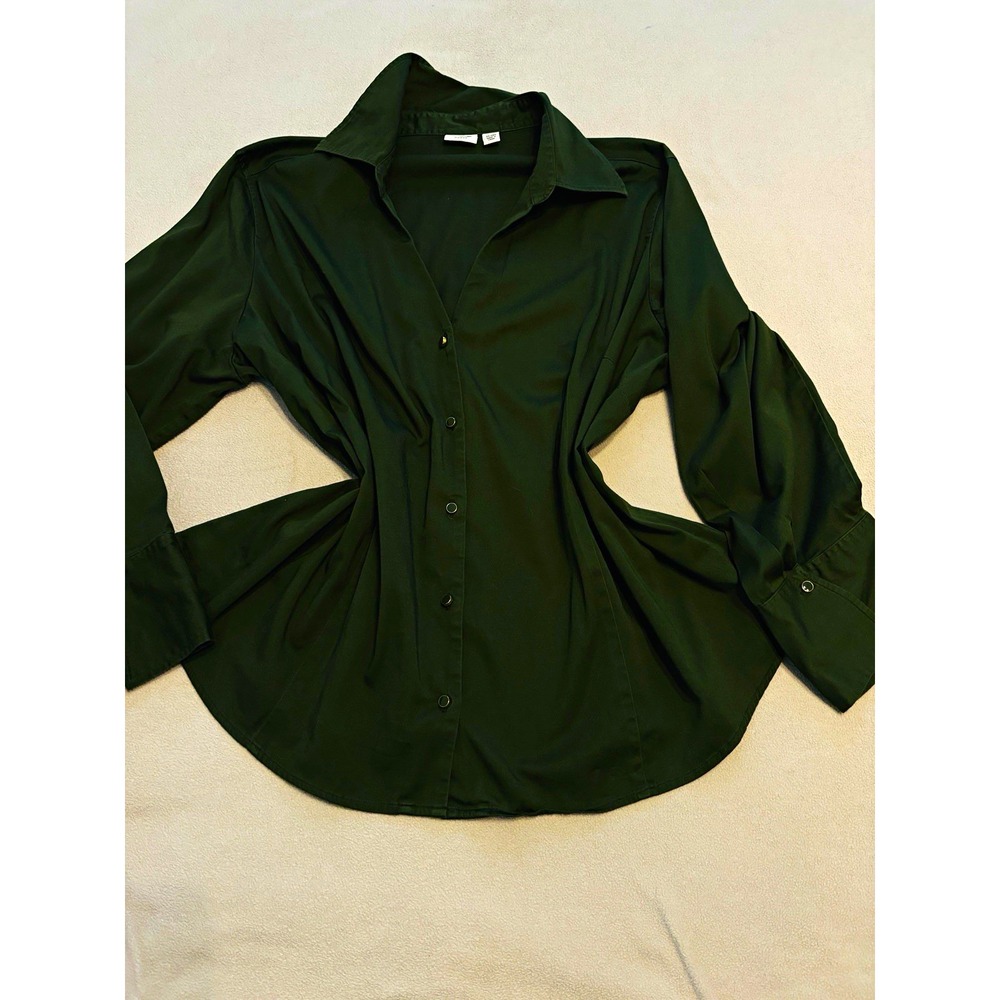 Cato Women's Plus 26/ 28 W Collared Button-Up Long Sleeve Blouse Hunter green